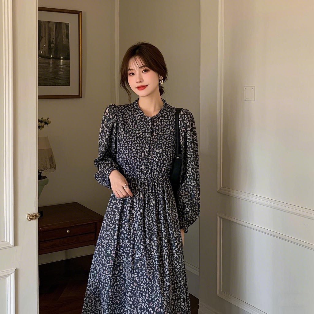 厅里厅气的碎花拼接长袖连衣裙女开春韩系通勤高级感轻熟气质长裙